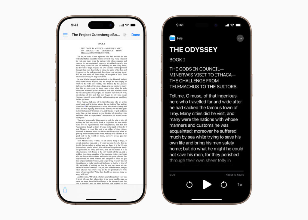 Two iPhones are positioned side-by-side displaying the same passage from Homer's "The Odyssey" Book I, one with a light mode interface showing the Project Gutenberg ebook and the other in dark mode presenting the text as an audiobook with playback controls. Both screens display the same text, but the light mode features full paragraphs while the dark mode presents a simplified version with an audio player at the bottom.