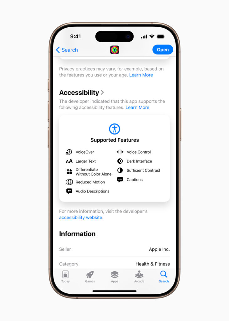 This image shows an iPhone screen displaying the nutrition label Accessibility features supported by an app in the App Store. The screen lists features such as VoiceOver, Voice Control, Larger Text, Dark Interface, and Captions.