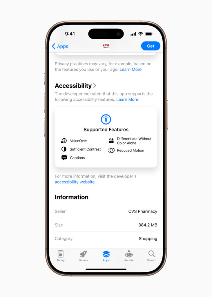 A close-up image features an iPhone displaying the App Store screen for the "CVS Pharmacy" app, detailing accessibility features and app information as part of nutrition label; the accessibility section lists support for VoiceOver, sufficient contrast, captions, differentiate without color alone, and reduced motion, while the app information section shows the seller as "CVS Pharmacy," size as "384.2 MB," and category as "Shopping." The App Store navigation bar is visible at the bottom of the screen with the Apps icon highlighted, indicating that it is currently being viewed.