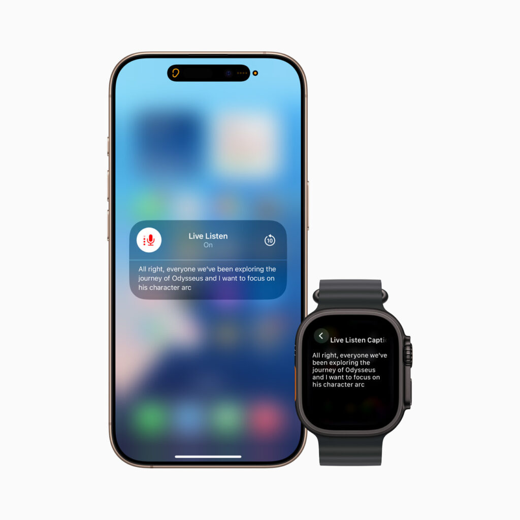 A close-up shot displays a gold-colored smartphone next to a black smartwatch, both against a light gray background and showcasing the "Live Listen" caption feature; the phone’s screen shows the blurred interface with a "Live Listen On" message, while the smartwatch displays the transcribed caption of an audio recording. Both devices display the same text, which states "All right, everyone we've been exploring the journey of Odysseus and I want to focus on his character arc".