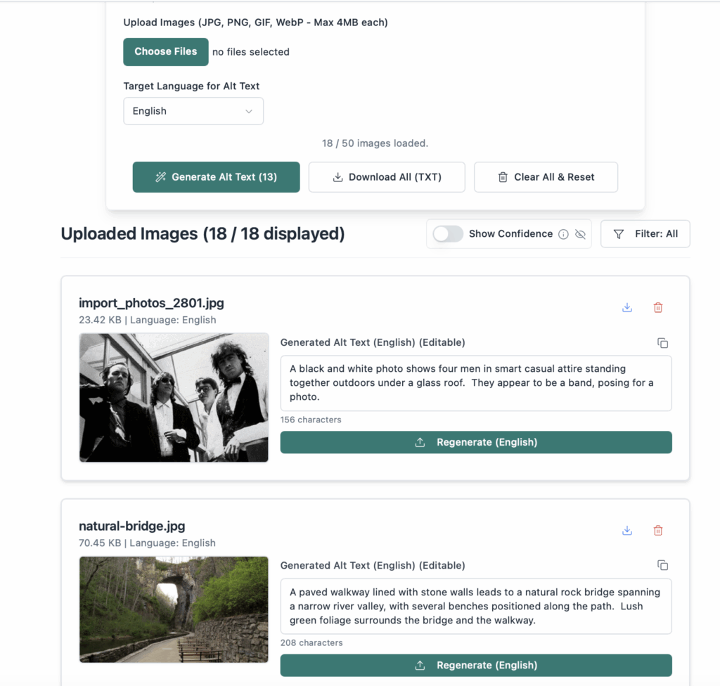 AI Alt Text Generator after alt text has been generated. Two image cards are shown with populated alt text fields. For 'import_photos_2801.jpg', alt text describes 'four men in smart casual attire.' For 'natural-bridge.jpg', it describes 'a paved walkway lined with stone walls.' 'Regenerate' buttons are visible.
